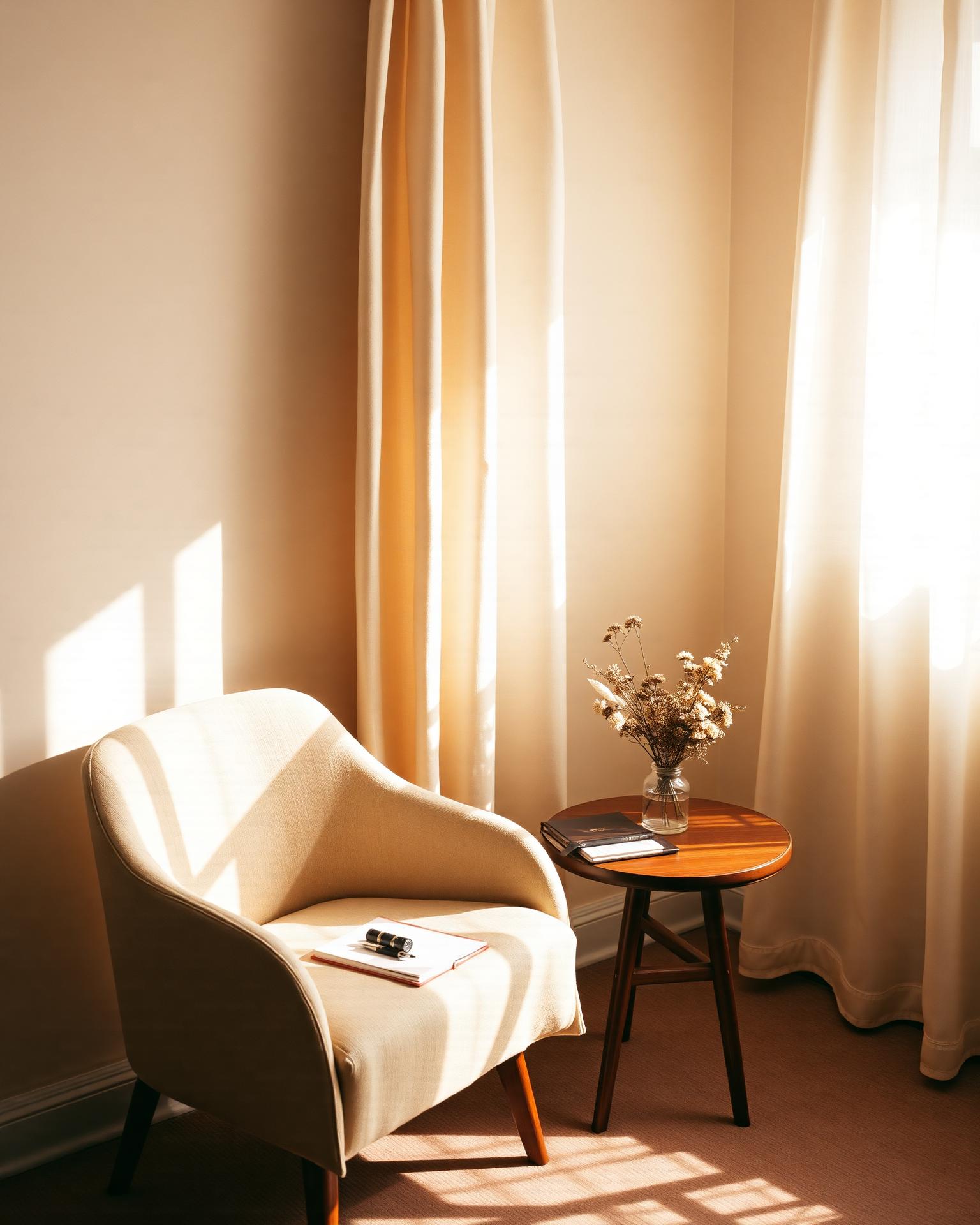 Sunlit coaching office with warm wood tones and open journals.